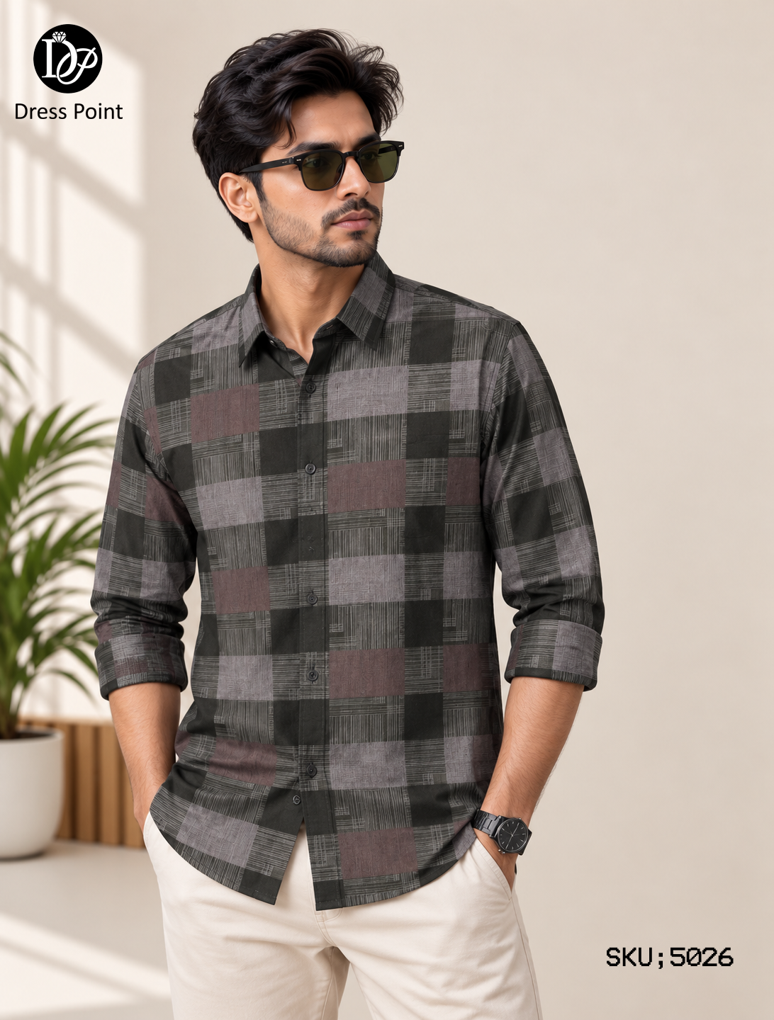 Green & Grey Check Pattern Shirt